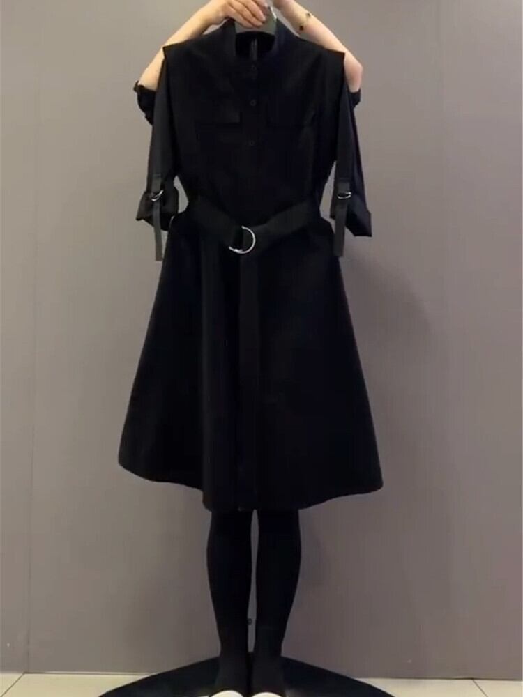 スプリングドレス ベルト 薄手 ロング 大きめサイズ 春物 ハーネス ミックスインファッション84480013123