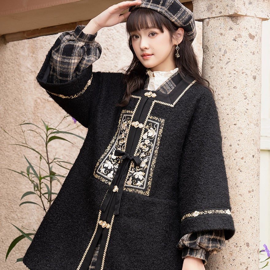 ゴスロリ通販 With U ファッション チャイナ風 秋冬服 中華ロリータ コート ジャケット 羽織り アウター ウール スクエアネック レトロ 豪華 エレガント