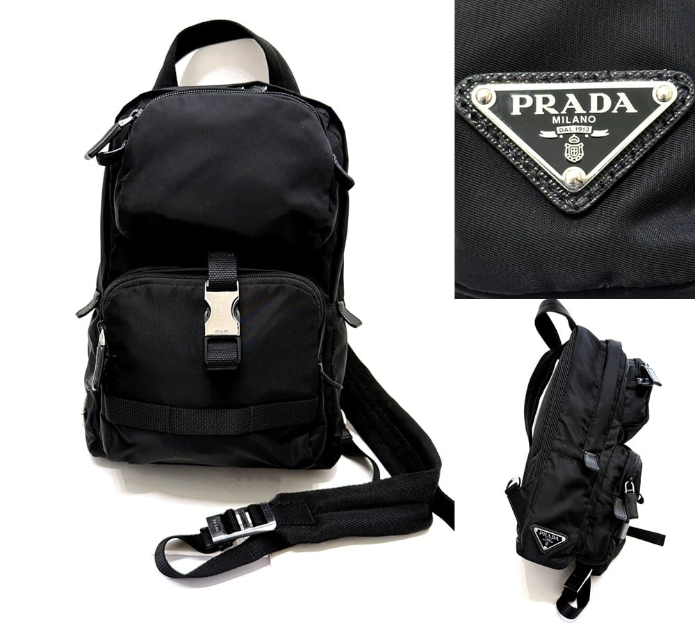 PRADA プラダ ナイロン サフィアーノレザー ワンショルダーバッグ 2VZ013 ブラック スリングバッグ ボディバッグ 黒 メンズ ブラック 定価31万
