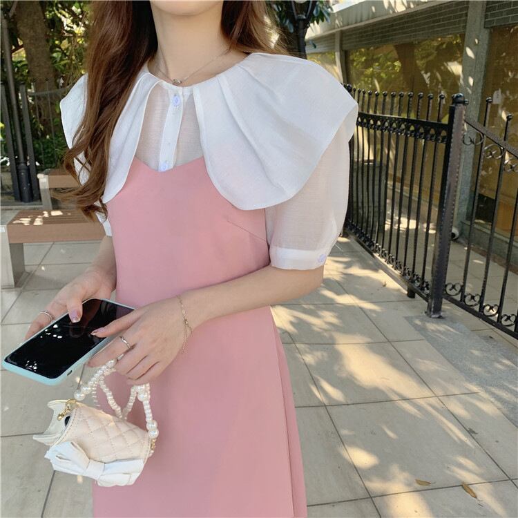 【新作】【送料無料】 サマードールカラートップ、気質サスペンダースカート2点セット、ファッショナブルな女性の年齢を軽減する高級パフスリーブドレス 0257161412221