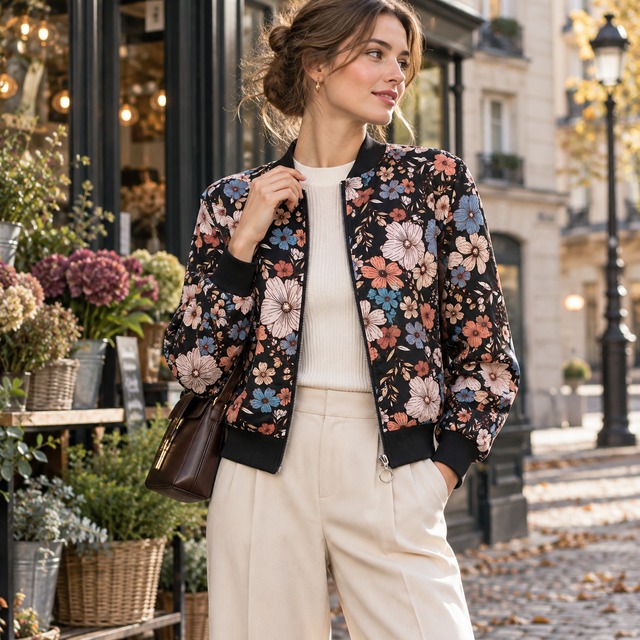 フラワープリント ジップアップブルゾン｜ブラック