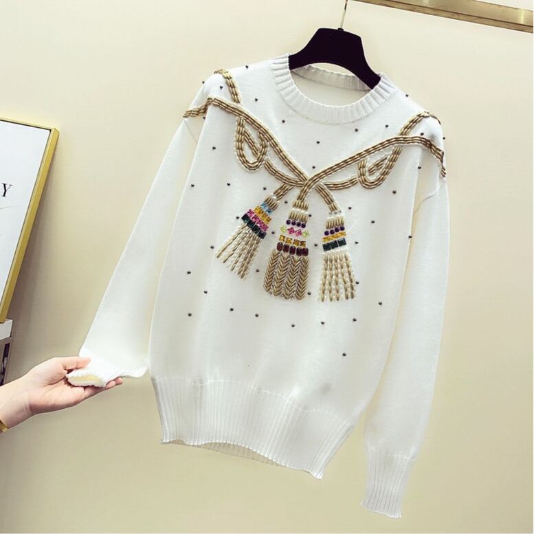 エスニックニットプルオーバー カットソー トップス レディース ボヘミアン風 長袖 大人可愛い 森ガール 2色 ノルディック ゆったり ゆるニット ビジュー 刺繍 おしゃれ