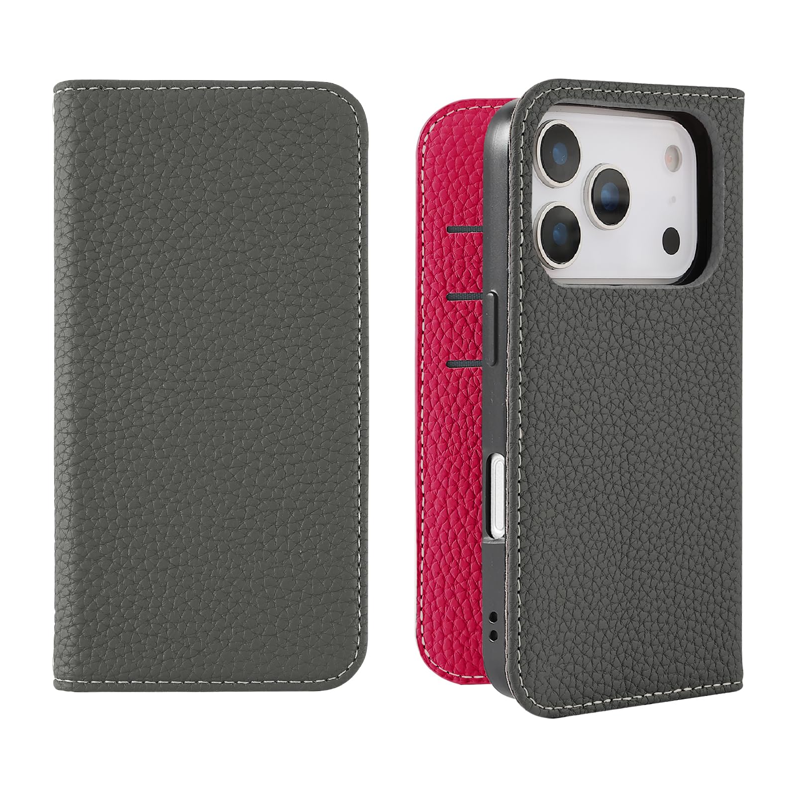 HanaRo iPhone 18Pro用 17Pro用 ケース スマホケース 手帳型ケース カード収納 くすみカラー 携帯ケース ダークグレー×ディープピンク