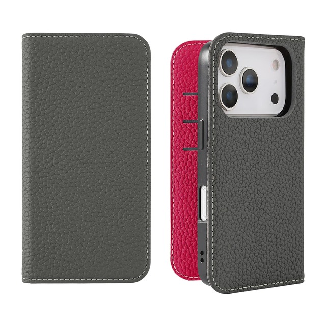 HanaRo iPhone 18Pro用 17Pro用 ケース スマホケース 手帳型ケース カード収納 くすみカラー 携帯ケース ダークグレー×ディープピンク