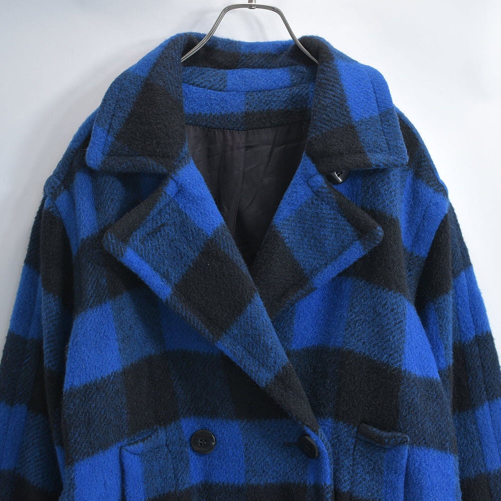 70s~80s USA製 Mohair Wool モヘア×ウール バッファローチェック ダブルブレスト Pコート ジャケット ヴィンテージ ビンテージ アメリカ古着 レディースL相当