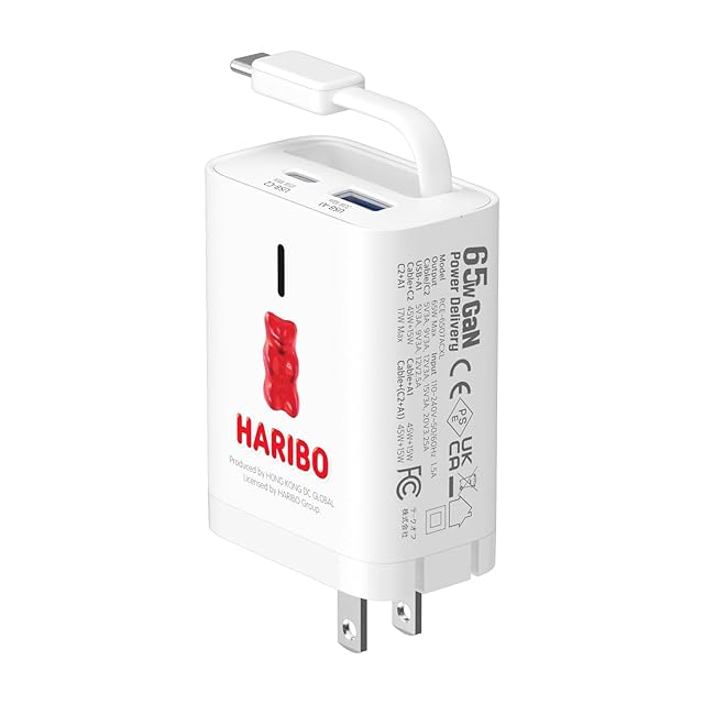 クイック8専用 Haribo 65W GaN 急速充電器 内蔵リトラクタブルUSB-Cケーブル デュアル