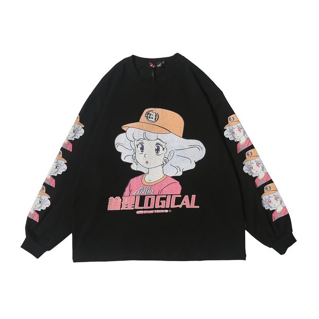 レトロガール 女の子 漫画柄 サブカル ロングtシャツ ロンt 長袖 メンズ ユニセックス レディース ビッグシルエット オーバーサイズ 黒 M L Xl 90s アニメ オタク 原宿 かわいい ストリート 韓国 秋物
