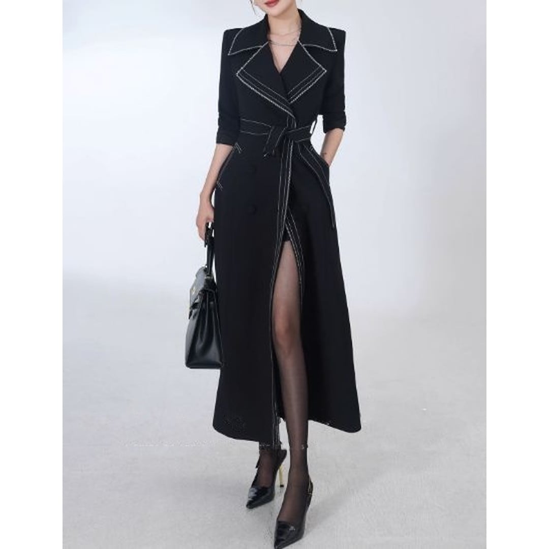 Double-breasted belted long jacket V3058