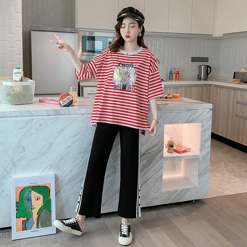 【新作】【送料無料】 マタニティウェア2020夏の新しいファッションストライプルーズ半袖Tシャツ+ベリーリフトワイドレッグパンツマタニティスーツ-アリババ サマー 夏物 expec289942585943