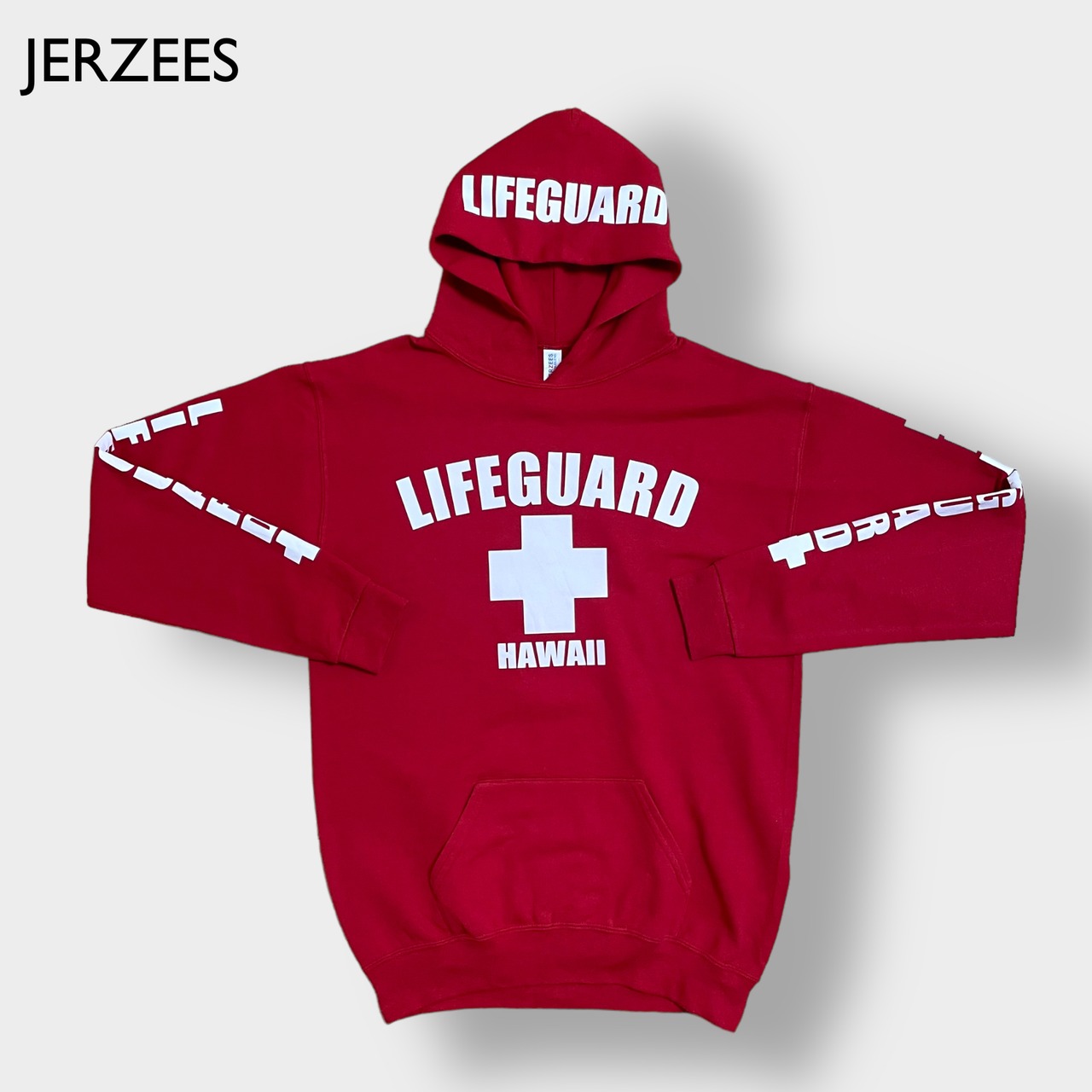 JERZEES パーカー LIFEGUARD ライフガード ロゴ プリント パーカー フーディー プルオーバー 袖プリント スウェット S相当 us古着