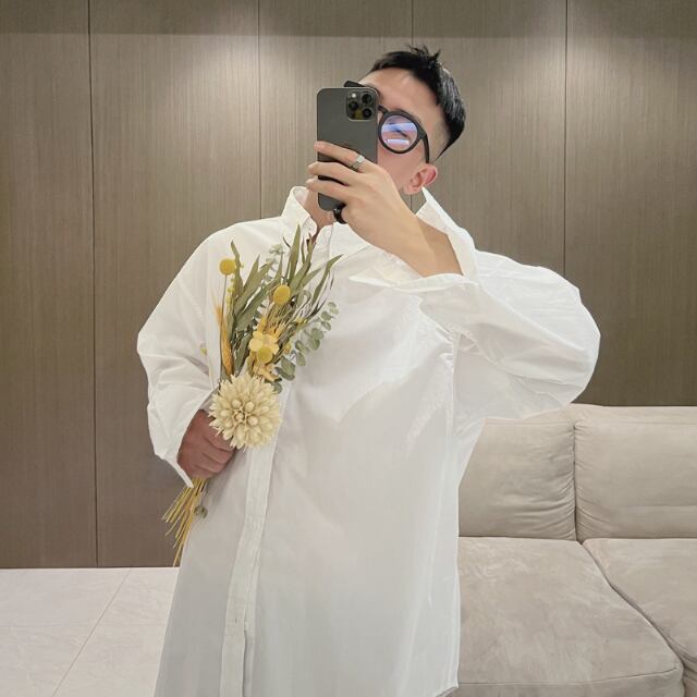 【予約販売】シャツ 長袖 無地 シンプル ベーシック メンズ ホワイト ブルー カジュアル オーバーサイズ こなれ感 お洒落 韓国 トレンド 春 秋 L/XL