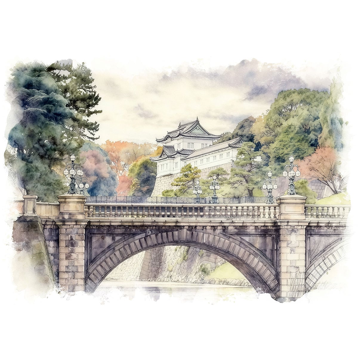 絵画(風景画) 日本 東京都 皇居二重橋 インテリアアート額付き 水彩画