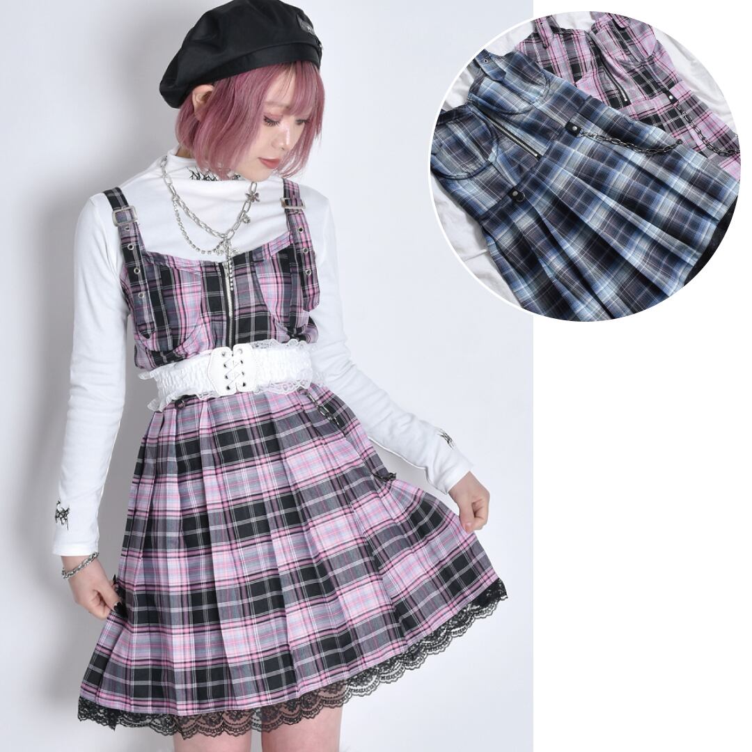 チェーン付き 肩ベルトチェックキャミワンピ(BLUE・PINK 