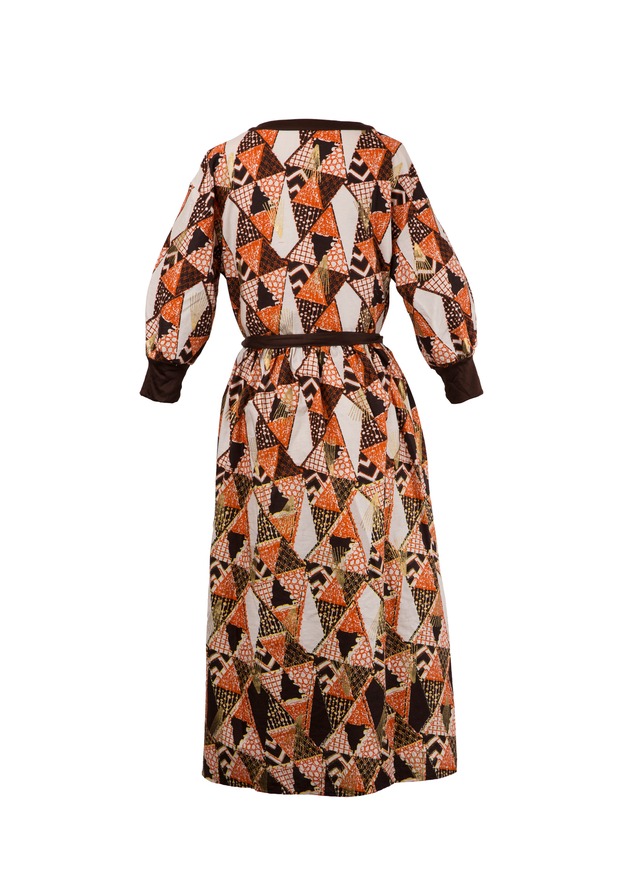 シャツワンピース サクセス オレンジ×ブラウン（日本縫製）｜ ボリューム袖 配色 異素材 アフリカンプリント アフリカンファブリック アフリカンバティック パーニュ キテンゲ アフリカ布 ガーナ布  エスニック レディース 女性