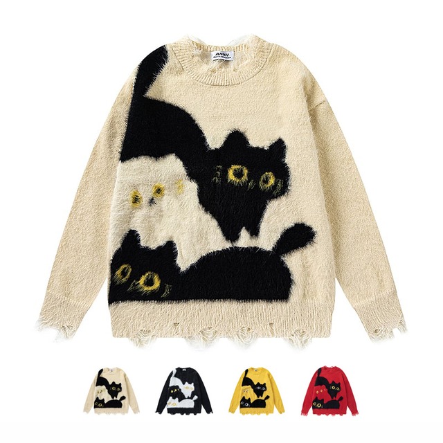 ♥完璧な可愛さ！【悟シリーズ】★セーター★ 3color ニットトップス 男女兼用 メンズ 猫 猫柄 ネコ ねこ 可愛い 配色 カップル服