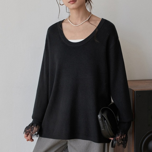 Lace cuffs uneck pullover　V2781