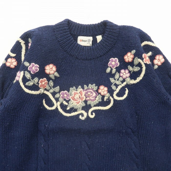 ヴィンテージ レトロ古着 お花刺繍ハイゲージニットセーター 白襟 ネイビー 古着 レディース ウールニット セーター 花柄 刺繍 ネイビー サイズ