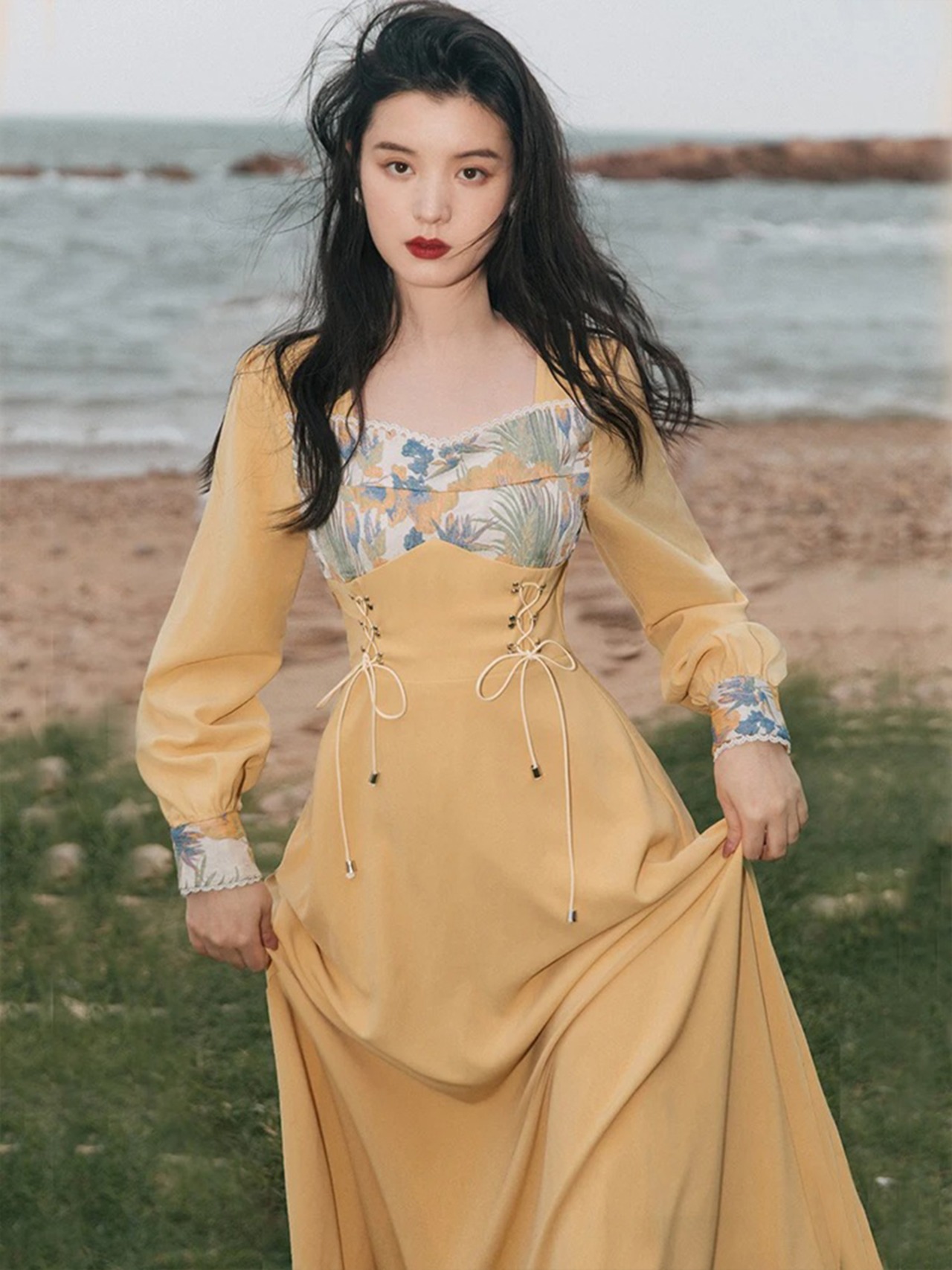 【0137】Waist Ribbon Elegant Long Sleeve Dress