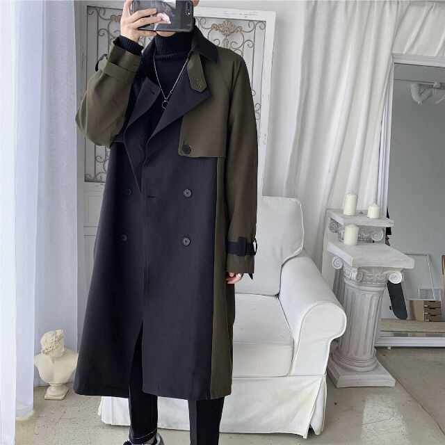 【予約販売】トレンチコート バイカラー 切り替え ミドル丈 メンズ カーキ ブラック 無地 シンプル 男前 シック 韓国 オーバーサイズ 綺麗め 冬コート 防寒 ビジネス 通勤 防寒 お洒落 こなれ感 ベーシック 秋冬 大きいサイズ M/L/XL