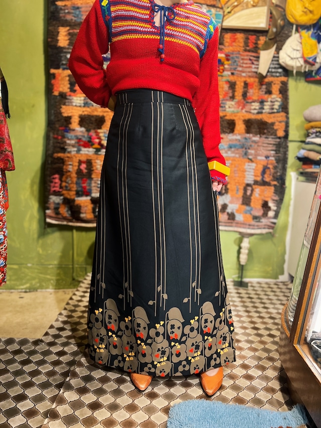 70s black × brown floral long skirt ( ヴィンテージ ブラック × ブラウン 花柄 ロング スカート )