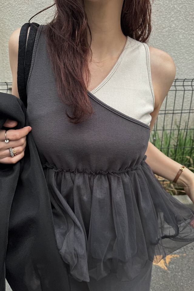 WILLFULLY  tulle peplum docking rib OP チュールペプラムドッキングリブワンピース　shark