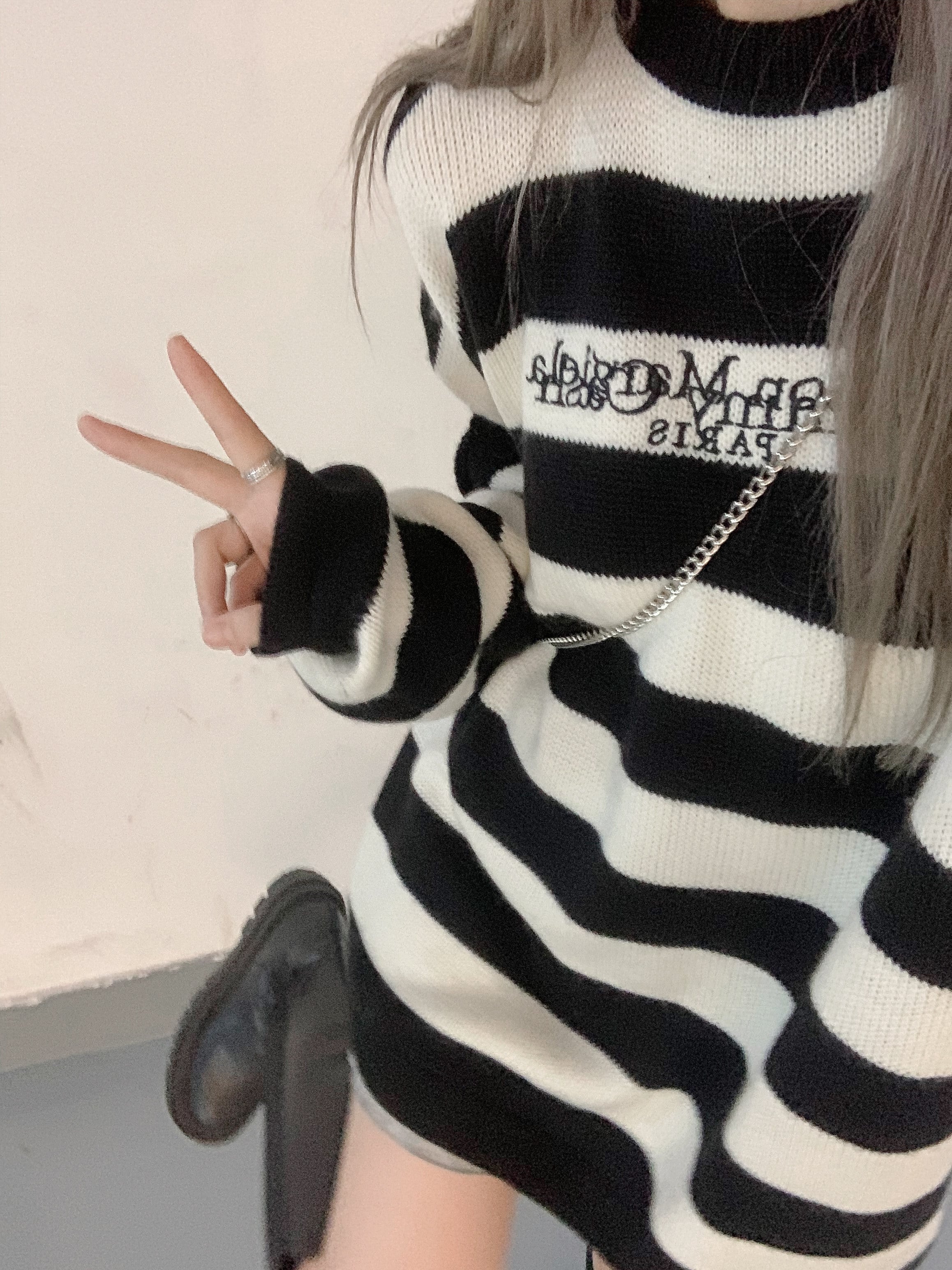 スタイルストライプルーズニットセーター 薄手コート オータムプルオーバー トップス ロング 秋物 オフショルダー モンロー73885422643