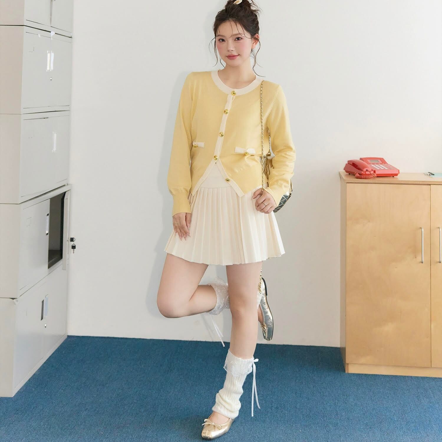 セットアップ カーディガン 長袖 ラウンドネック ボタン 前開き ミニ