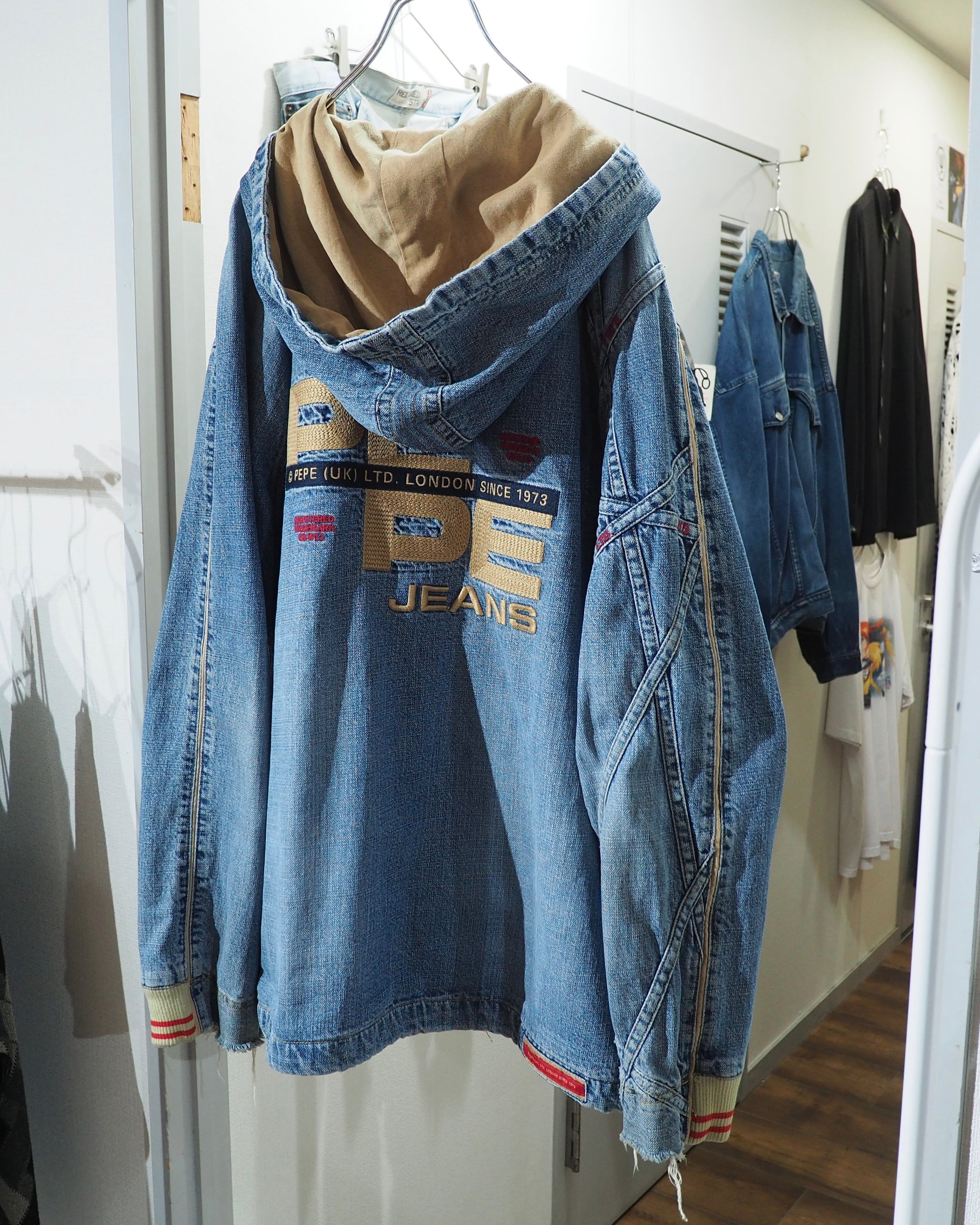 1990s ” Special - PEPE JEANS ” Crossed Lines × Logo Embroidery Vintage Loose Hoodie Denim Jacket