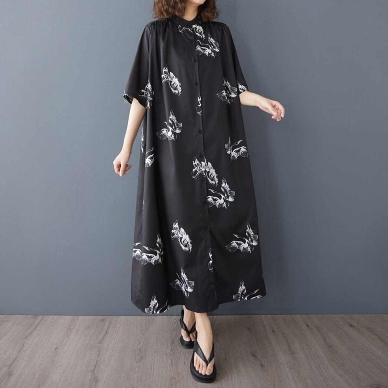 鶴柄 モノトーン ワンピース 30190