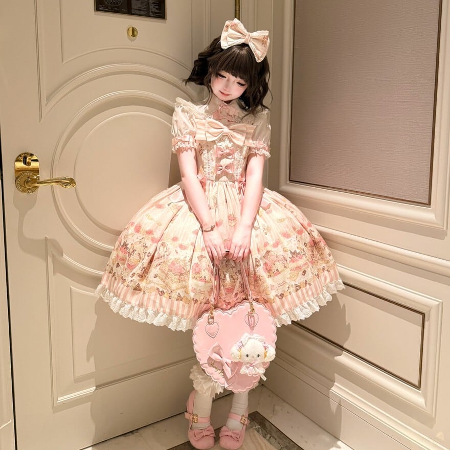 姫ロリ 甘ロリ ロリータドレス M ヘッドドレス付 フルセット ピンク ロリィタ 甘ロリ ピンク総柄ワンピース ヘッドドレス付き お茶会向け