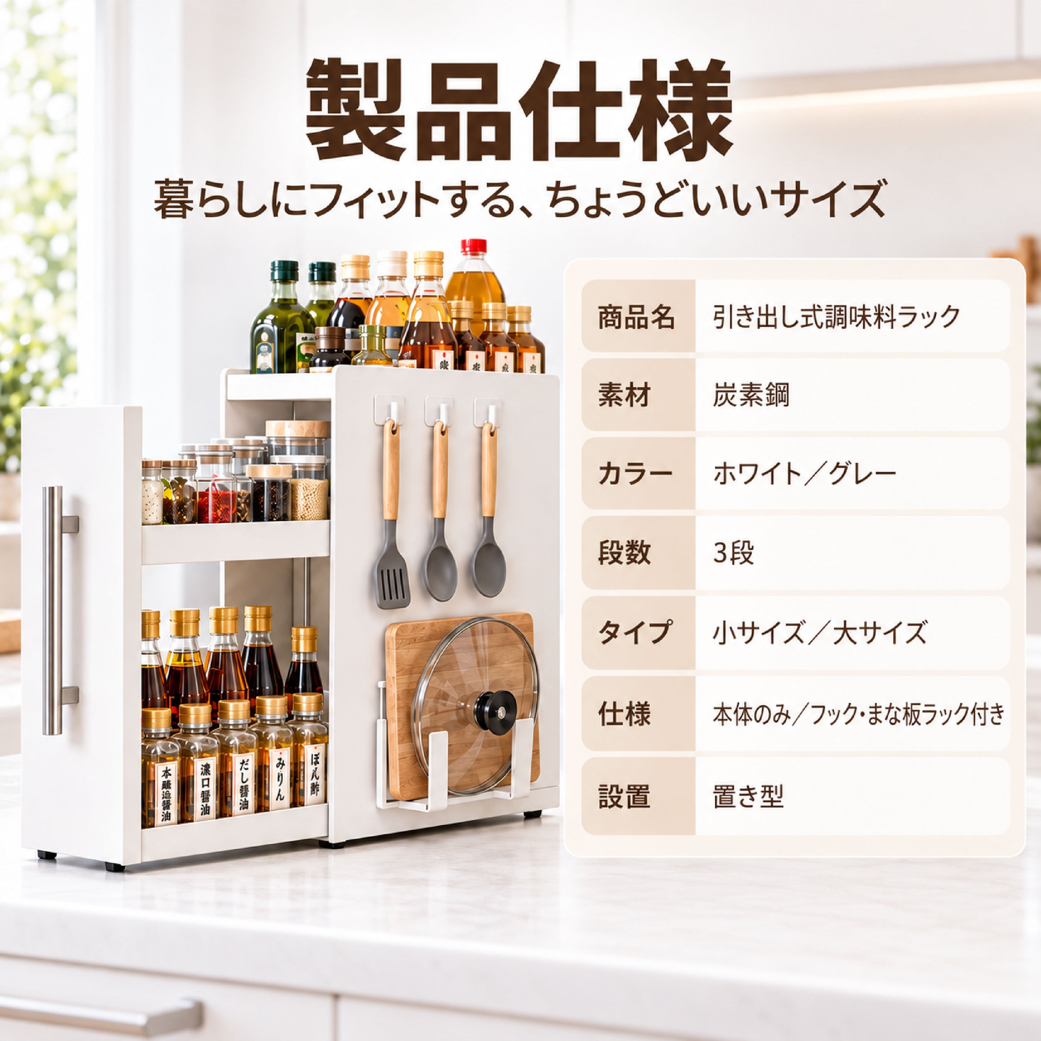 ホワイト 引き出し式キッチン収納 3段 HY 1251 .調味料ラック 引き出し式 3段 スパイスラック キッチン収納