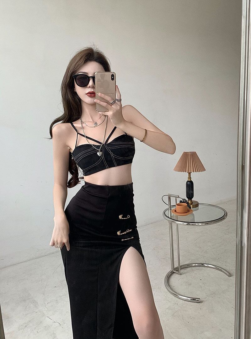 スカート ハイウェスト薄手サマーブラック 夏物 ブラックストロベリース25023185697