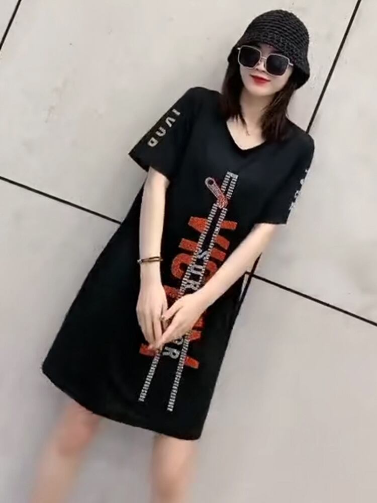 スタイルルーズカジュアルTシャツ ドレス サマーラウンドネックスカート 大きめサイズ 夏物 Oネック ミックスインファッション72242734092