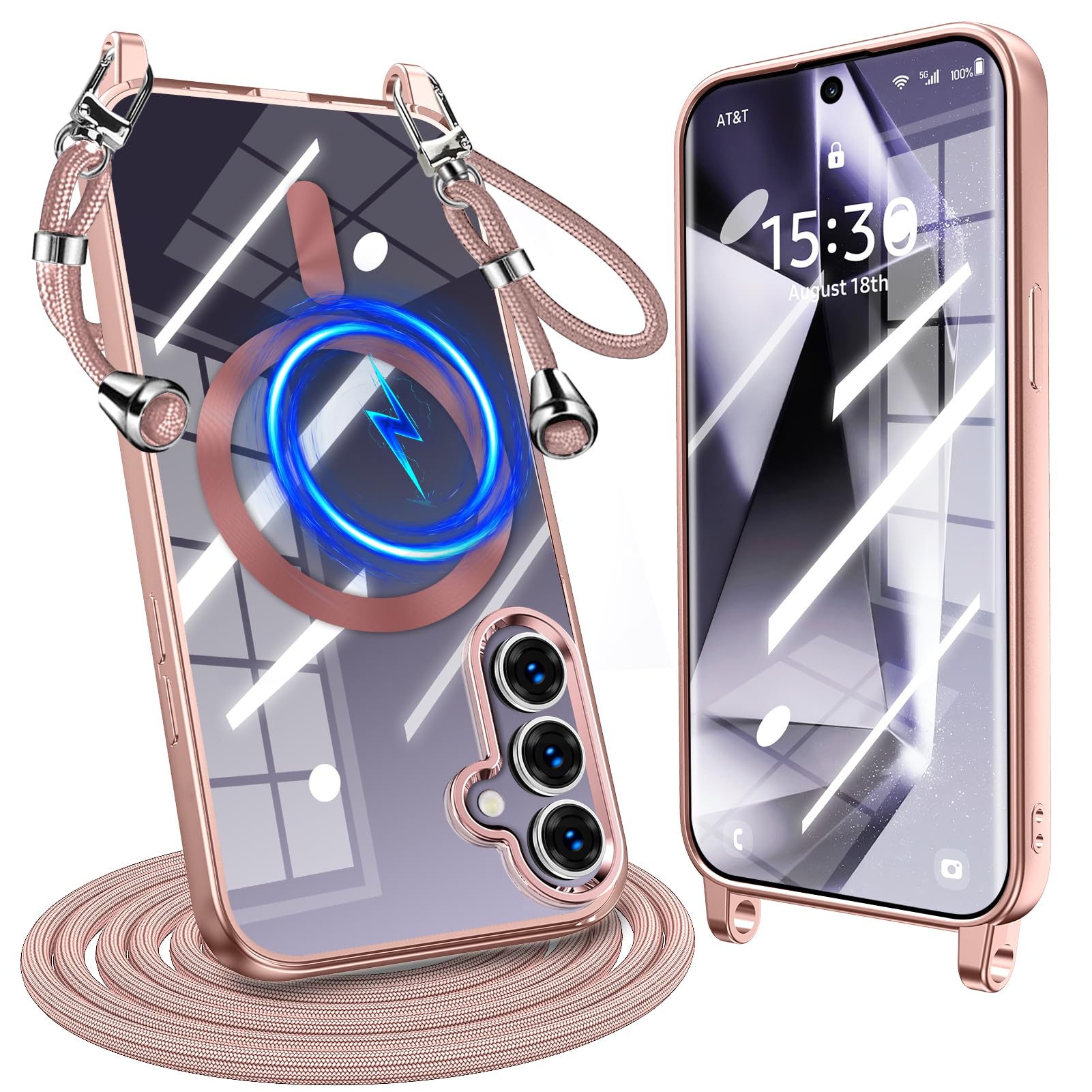 QOUNVYW 向け Galaxy S24 用のケース クリア ショルダー 耐衝撃 Magnetic対応 ストラップホール付き ピンク