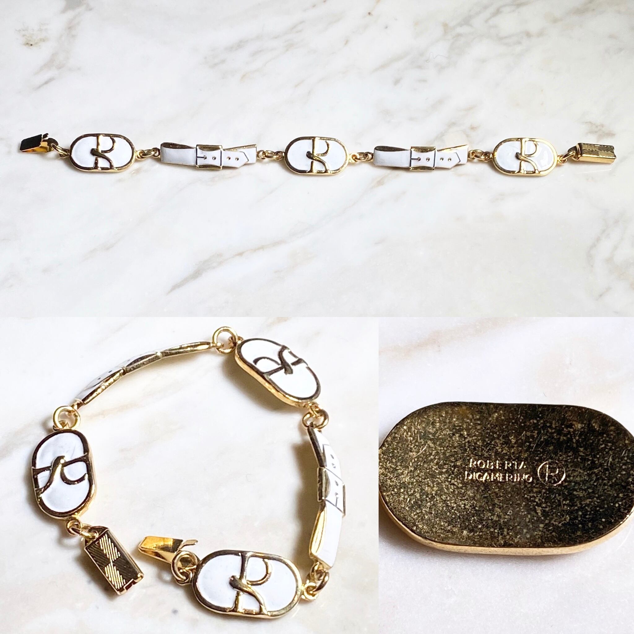 vintage ROBERTA DI CAMERINO metal×white enamel logo bracelet 