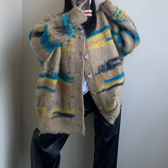 【即納】multicolor shaggy knit cardigan　マルチカラーシャギーニットカーディガン　J1762　Mサイズ