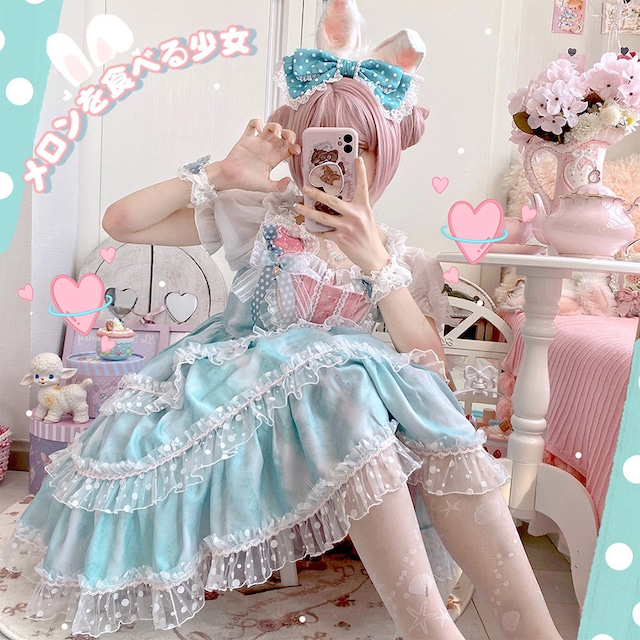 SEASONZ ジャンパースカート ワンピース リボン ミント ハートボタン セットアップ エプロン付き 原宿スタイル メイド服 ふんわり Aライン