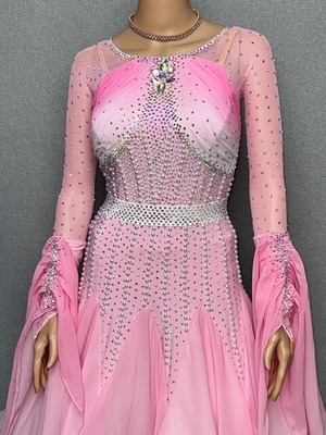 【新着】社交ダンス ドレス　スタンダード　モダンドレス　ピンクグラデ（パール）　S～M　ST-24-4　デモ・競技用ドレス　発表会衣装　パーティドレス　ワンピース　舞台衣装