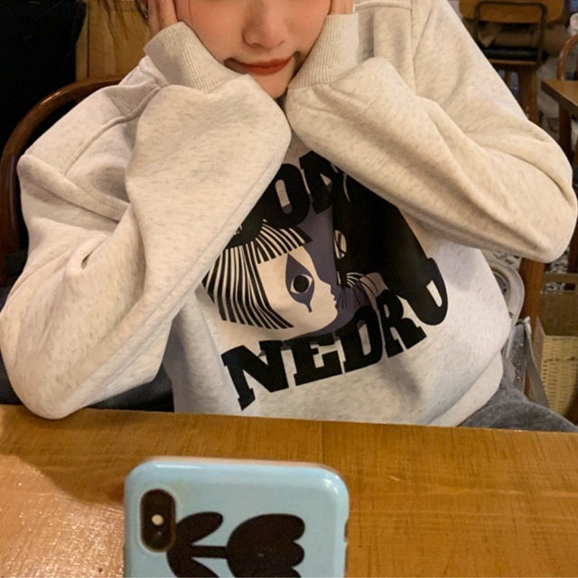 fleece-lined print v-neck sweatshirt　J00261