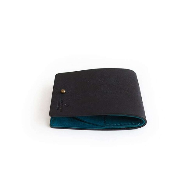薄い 二つ折り財布 【 ブラック × ターコイズ 】 ブランド メンズ レディース 鍵 コンパクト レザー 革 ハンドメイド 手縫い