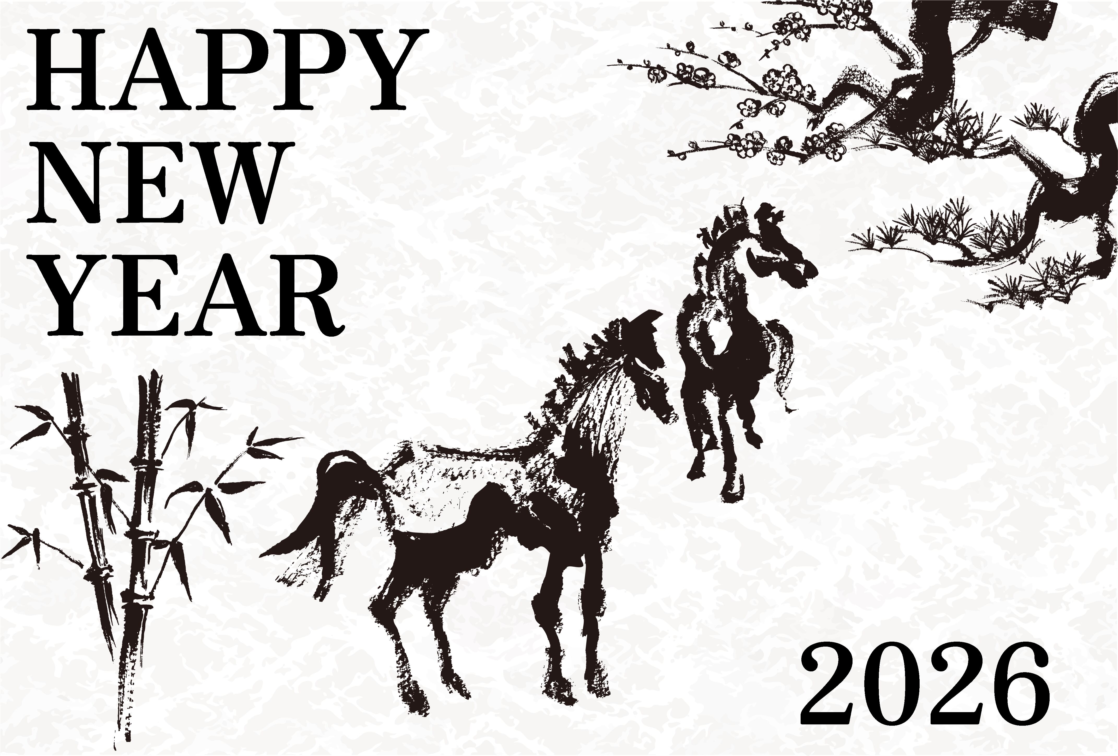 お正月✧*。2026年(午年)大サイズ 2026年 午年 年賀状 松竹梅 （単品/英語）正方形 | 筆素材のお店 ランプ