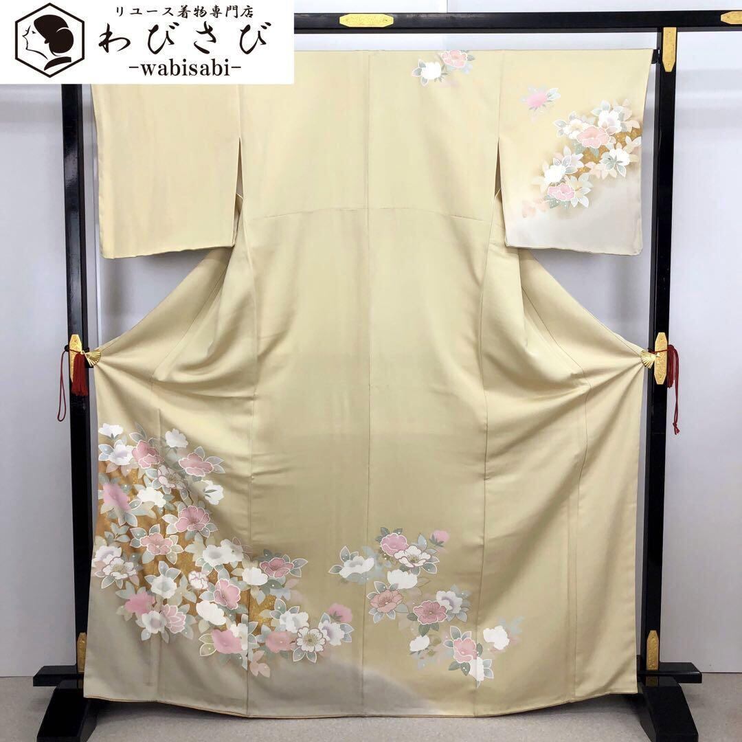K-2846 訪問着 美しい花柄 金彩 薄卵色 トールサイズ しつけ糸-