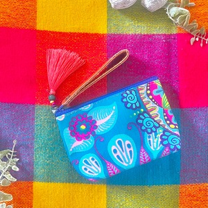 コスメポーチミニマム❤️シーブルーピンク×フラミンゴピンクタッセル