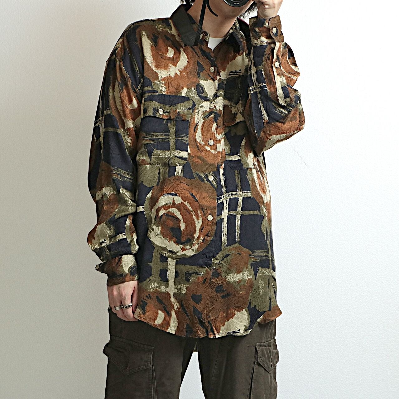 90s GOOUCH 総柄 シルク 長袖 シャツ 未使用 brown navy mix | khaki