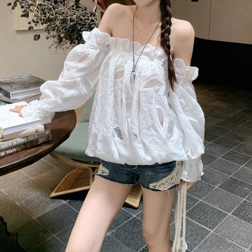 【2点セット】メッシュレースオフショルブラウス＋レースデコデニムショートパンツ ・76167
