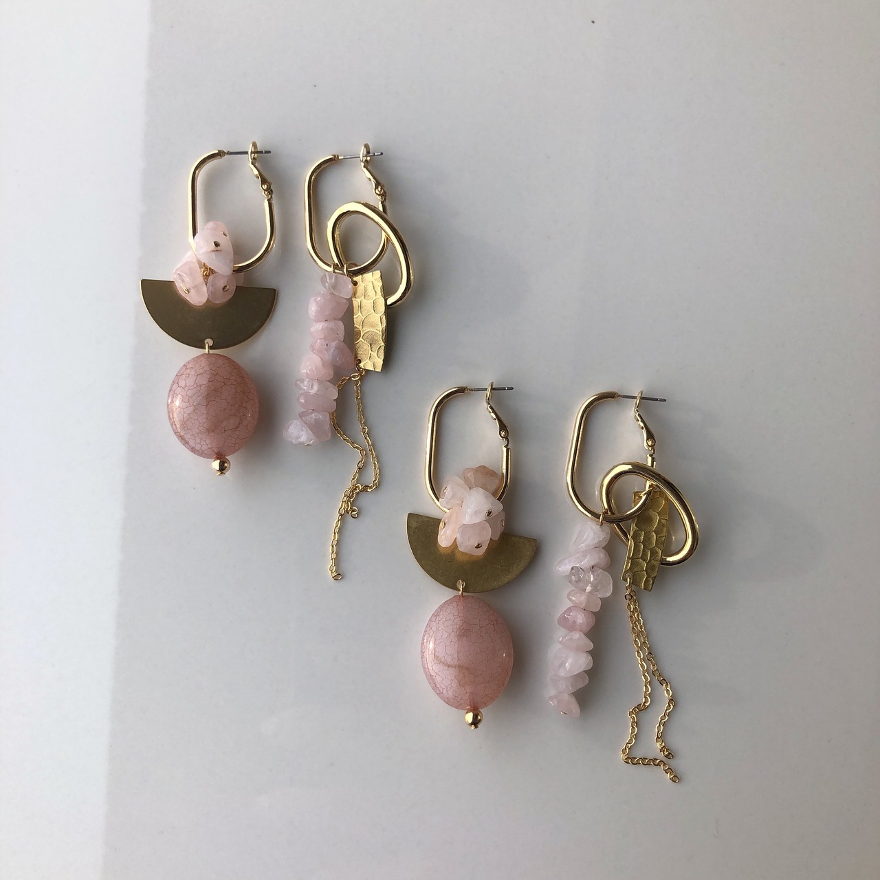 ローズクォーツ 大振り アシンメトリーピアス / イヤリング