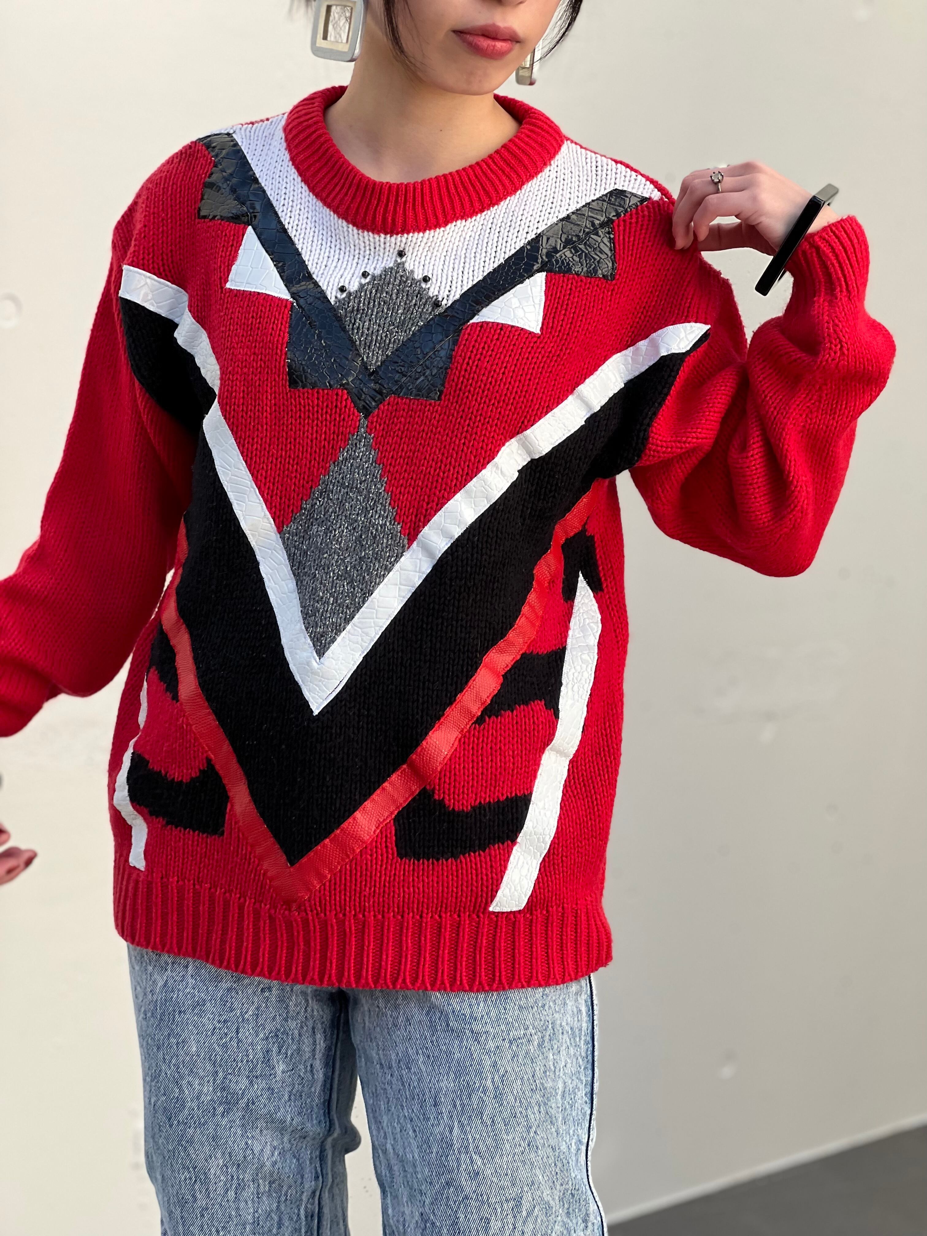 80s red × black white gray knit tops ( ヴィンテージ レッド ブラック ホワイト グレー ニット トップス