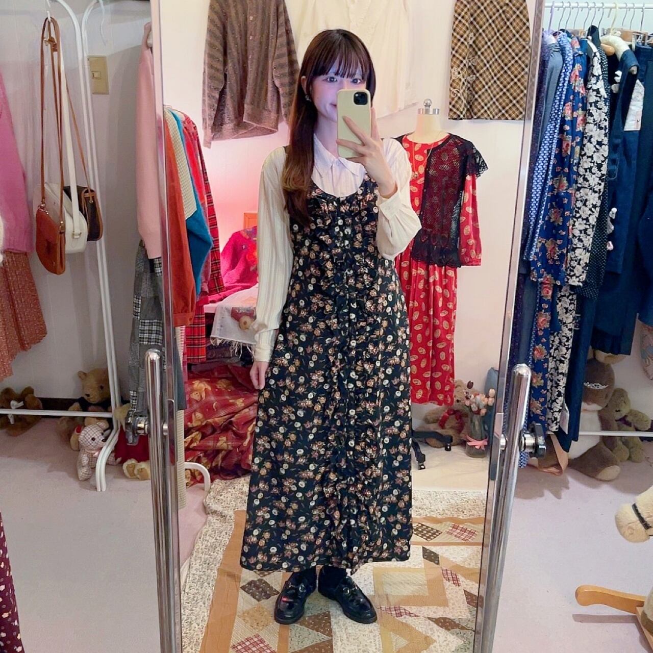 black flower frill button jumper skirt