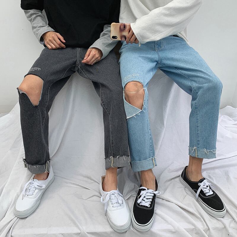 全1色 デニム パンツ ストレート カジュアル ダメージ