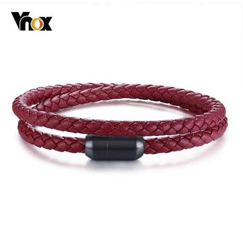 【送料無料】 ユニーク 赤 編み レザー ロング ブレスレット バングル レディース メンズ マグネティック 留め金 リアル ステンレス ユニセックス 40001850